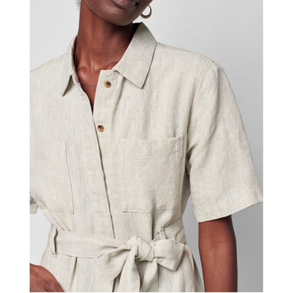Faherty Linen Shirt Dress M Belted Midi Utility Button Front‎ Pockets neutral - Picture 2 of 12